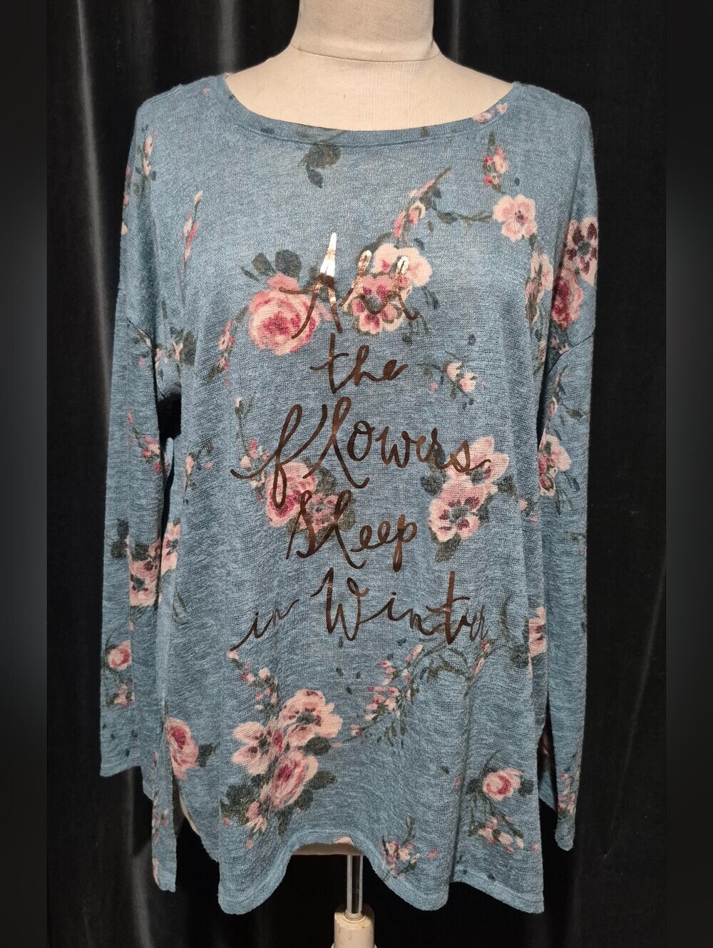Floral Script Long-Sleeve Top in Dusty Blue (Box C)